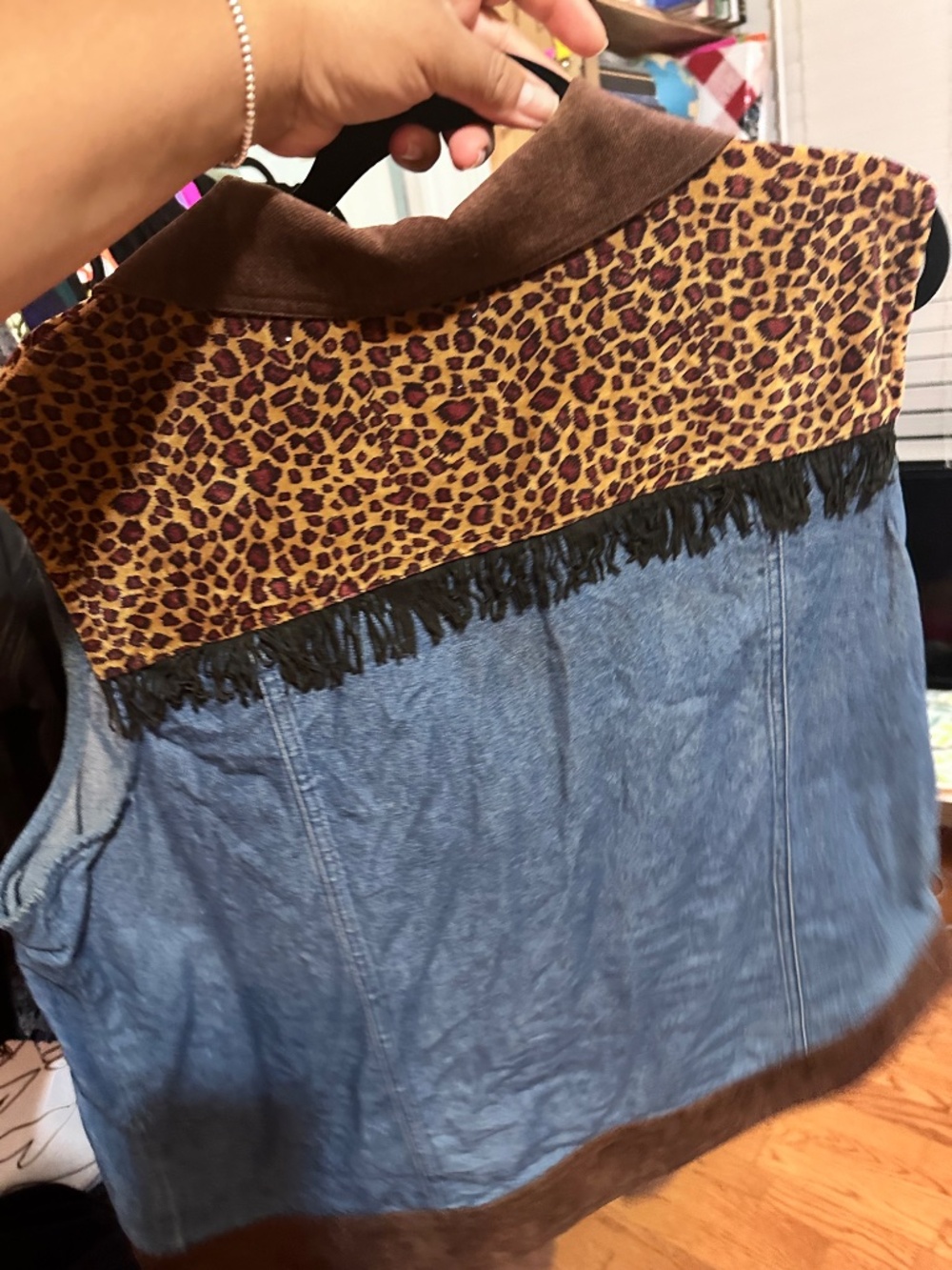 Vintage-Inspired Leopard Fringe Denim Western Shirt | Patchwork Cowgirl Top | Si - Picture 2 of 2